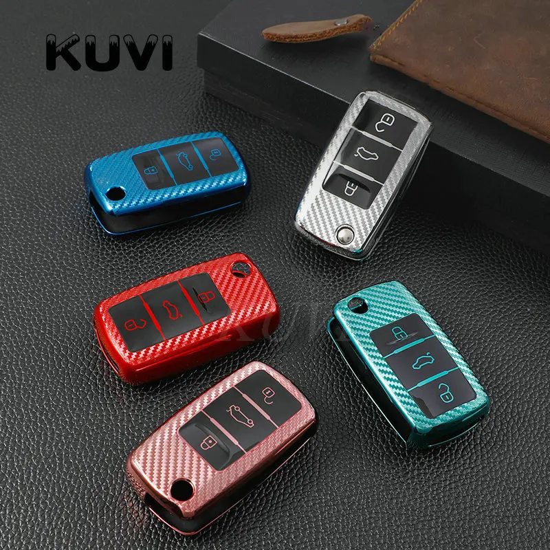 Funda para llave de coche estilo carbono TPU suave, accesorios de Seat León para VW, Polo, Golf, Passat, Skoda, Octavia, A5, Bora, Jetta, Seat Ibiza