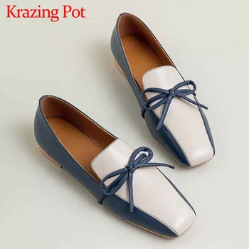 

Krazing Pot fashion mixed colors bowtie genuine leather shoes slip on loafers square toe low heels women daily wear pumps L01