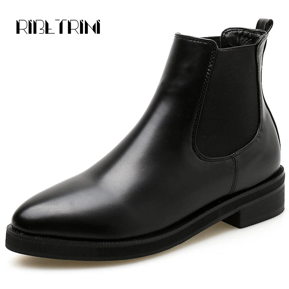 

RIBETRINI Women Martin Boots 2019 Chunky Heels Pointed Toe Platform Rubber Sole Autumn Shoes Woman Outdoor Chelsea Boots Black