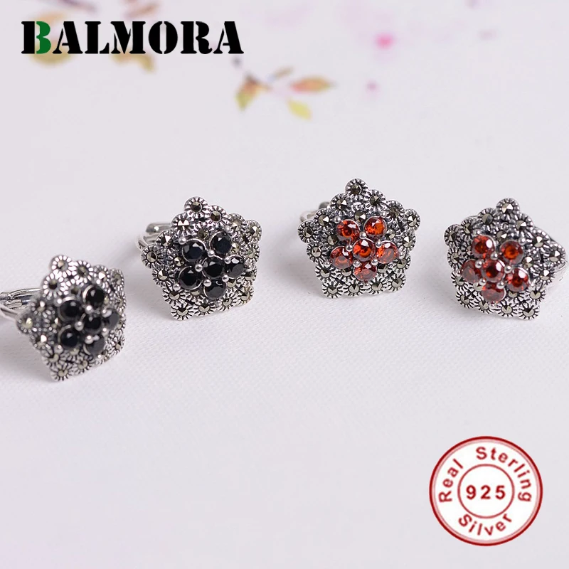 BALMORA100% Настоящее 925 пробы серебро красный гранат клип серьги для женщин Модные Винтажные оригинальные тайские серебряные ювелирные изделия Aretes