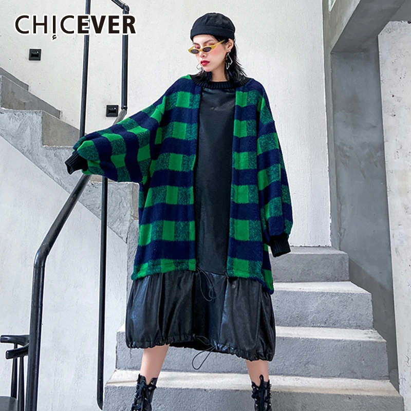 CHICEVER Лоскутные клетчатые популярные цветные женские платья с круглым вырезом и рукавом-фонариком на шнурке из искусственной кожи Миди женские платья Мода