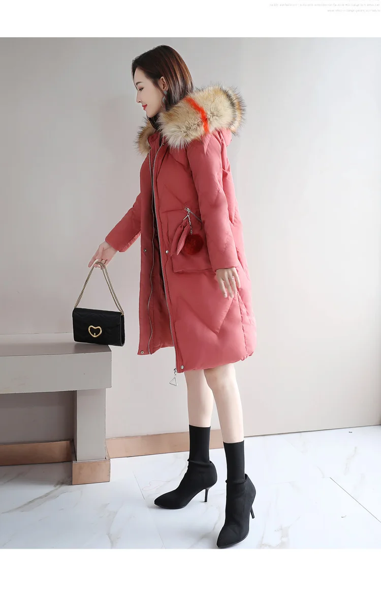Large Fur Collar Cotton-padded Clothes Women's Winter New Style Korean-style Large Size Thick Warm Waist Hugging Mid-length