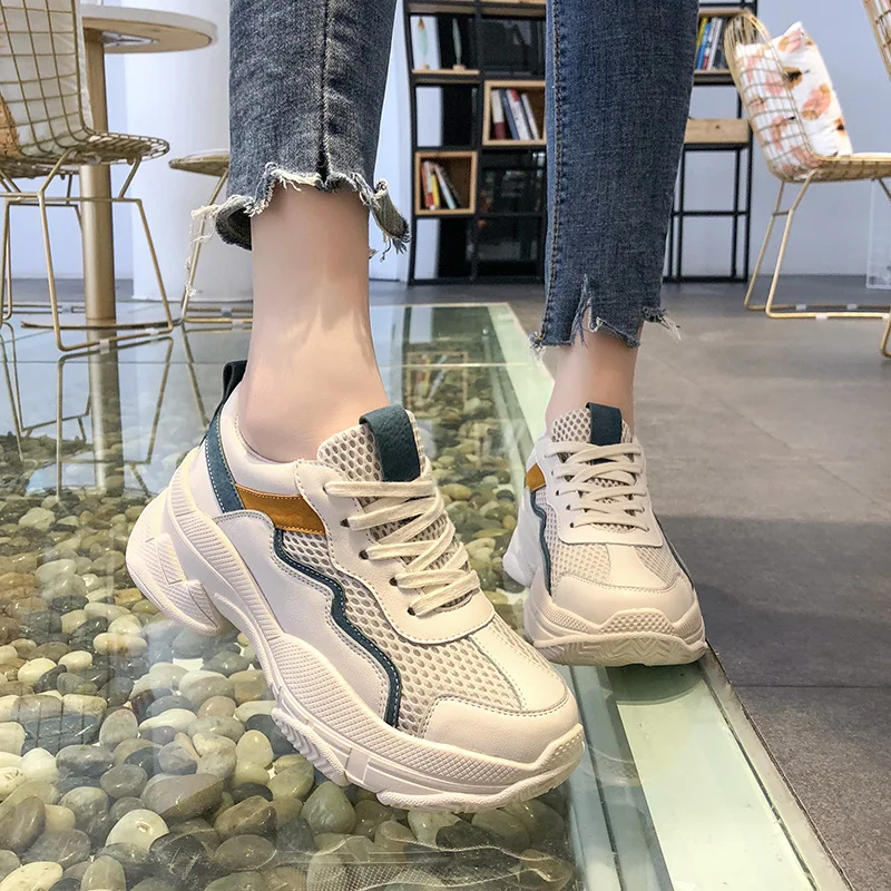 

2019 Spring Lace-up Mesh Breathable Dad Shoes Platform Heel Sports Footwear Women's Extra High Mixed Colors WOMEN'S Shoes