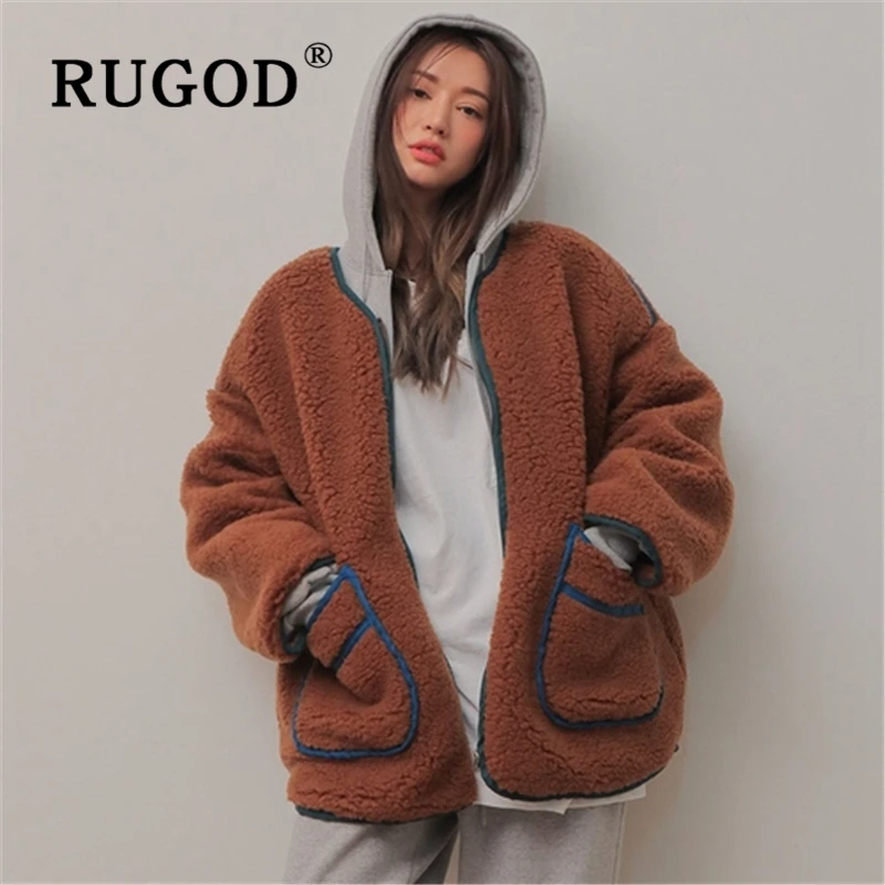 Женское пальто с плюшевой подкладкой RUGOD Свободное из плотного флиса в Корейском