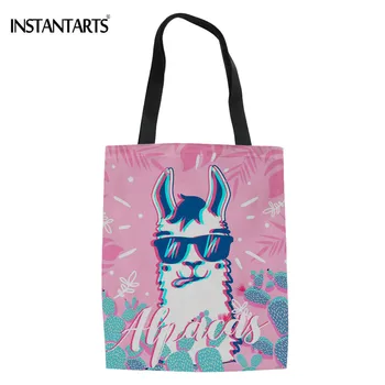 

INSTANTARTS Cute Cartoon Alpaca Printing Women Linen Tote Bag Canvas Travel Handbag Student Girls Bookbags Storage Cloth Bags