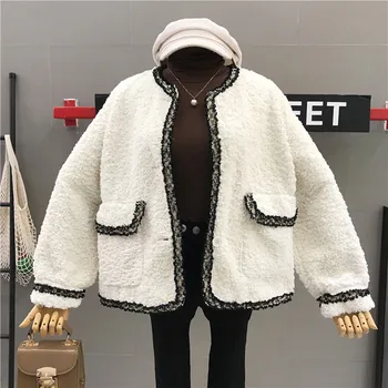 

2019 New Autumn Winter All-match O Neck Single Breasted Women Outwear Loose Long Sleeve Lambswool Jacket Coat for Feminine