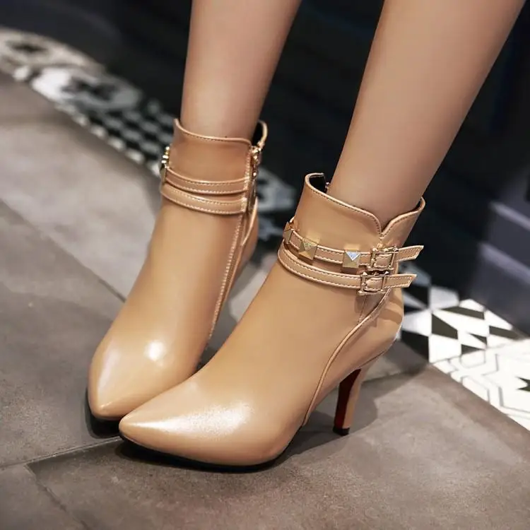 Women's winter boots Europe PU solid color thin heels 9cm fashion ankle boots ZETMTC brand women's shoes red buckle pointed