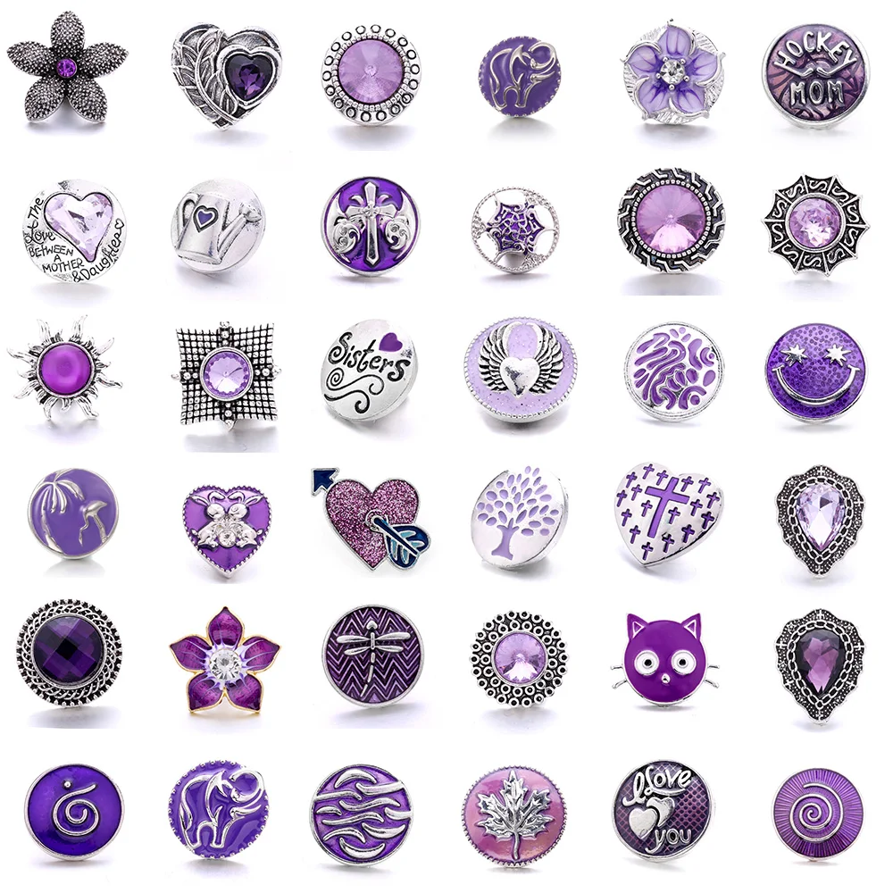 

5pcs/lot New Snap Jewelry Purple Crystal Tree Heart Wings Snap Buttons DIY Ginger Charms Fit 18mm Snap Button Bracelet Bangle