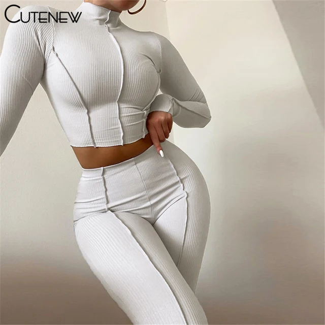 Cutenew Autumn Solid Two Piece Set Women's Outfits Half High Collar Long Sleeve Crop Top+Skinny Leggings Lady Casual Sporty Suit 1