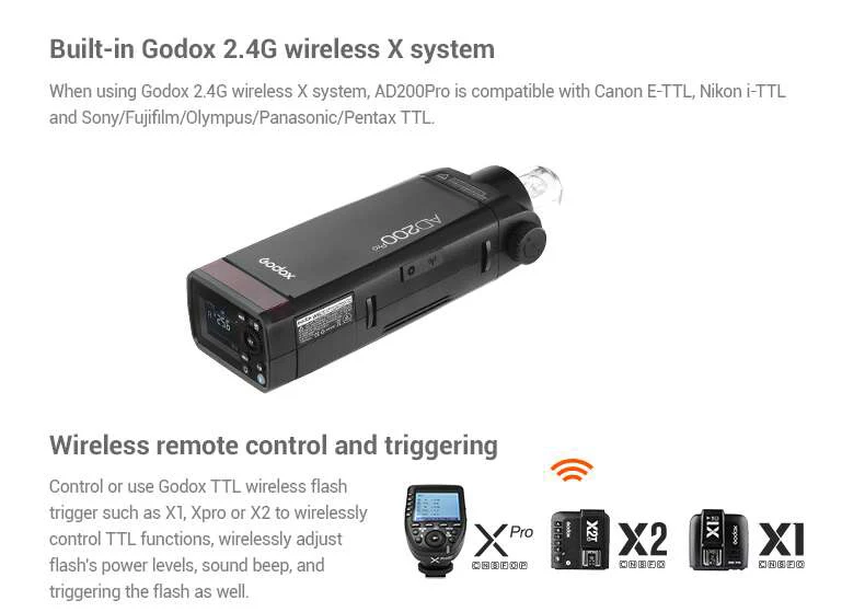 Godox AD200 Pro AD200Pro 200Ws 2,4G Вспышка стробоскоп, наружная вспышка для Sony Nikon Canon, голые лампы/Speedlite Fresnel Flash Head