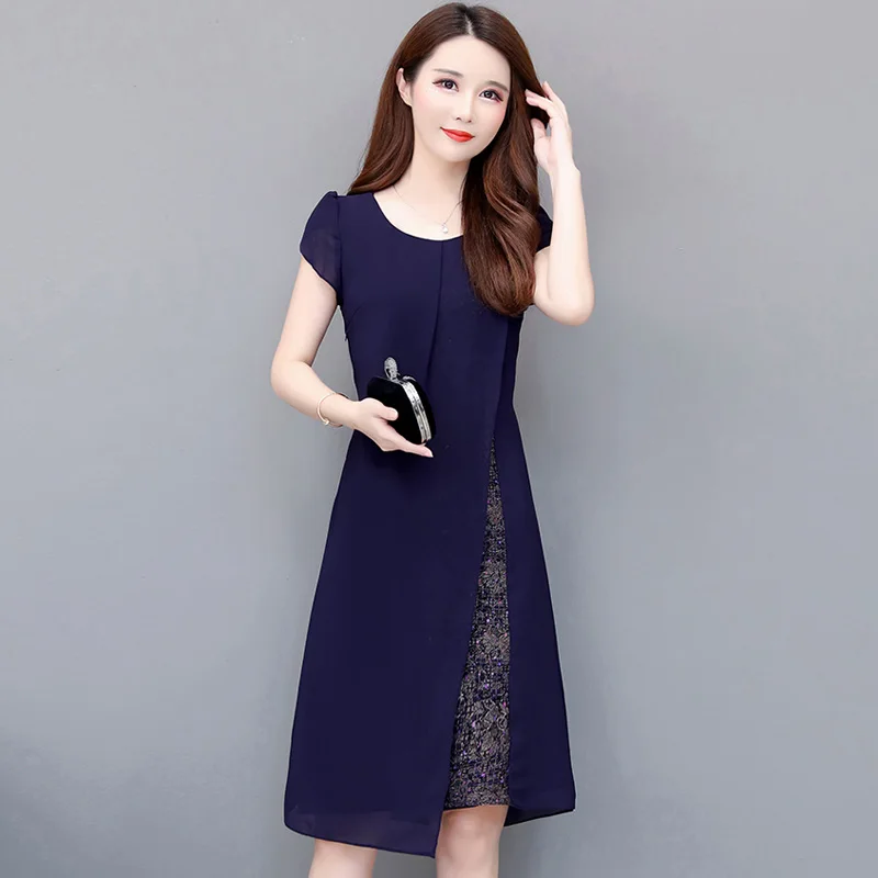 

Summer New Large Size M-5XL Women Elegant O-Neck Chiffon Dress Female Vintage High Waist Short Sleeve Knee-Length Dress Woman
