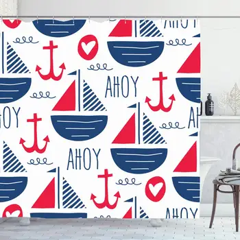 

Shower Curtain Set with Hooks 66x72 Inches Heart Adorable Pattern Vacation Sailing Blue Cheerfulornamental Ahoy Fashion Cheerful