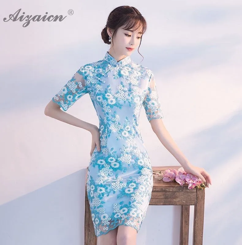 2019 новые модные короткие Cheongsam современный кружево вышивка Qi Pao для женщин китайское платье мини Восточный Стиль Розовое Вечернее платье Qipao