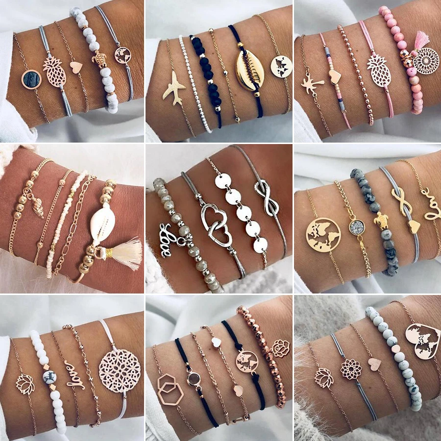 

Fashion Women Bead Bracelet Set Vintage Jewelry Boho Turtle Map Charm Bracelets & Bangles For Girl Chain Mujer Accessories