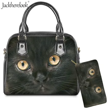 

Jackherelook Black Cat Pattern Ladies Handbag Diagonal Bag Wallet Women Shoulder Bag 2pcs Custom Animal Print Lady Handbag/Purse