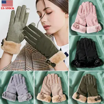 

Women Warm Smart Touch Screen Gloves Windproof Driving Winter Gloves Full Finger Bow Fleece Solid Ladies Mittens
