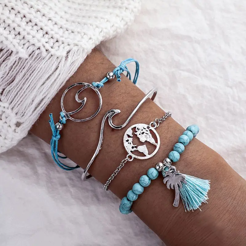 

4Pcs Wave Stone World Map Pendant Multi-layer Beaded Tassel Bracelets
