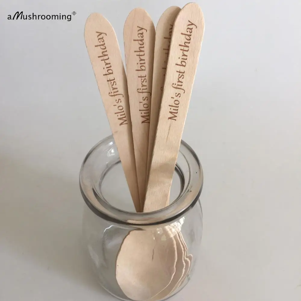 Customized Wood Spoon Engraved Spoons Biodegradable Disposable Dessert Cake Spoons Birthday Cake Dinner Eco-friendly