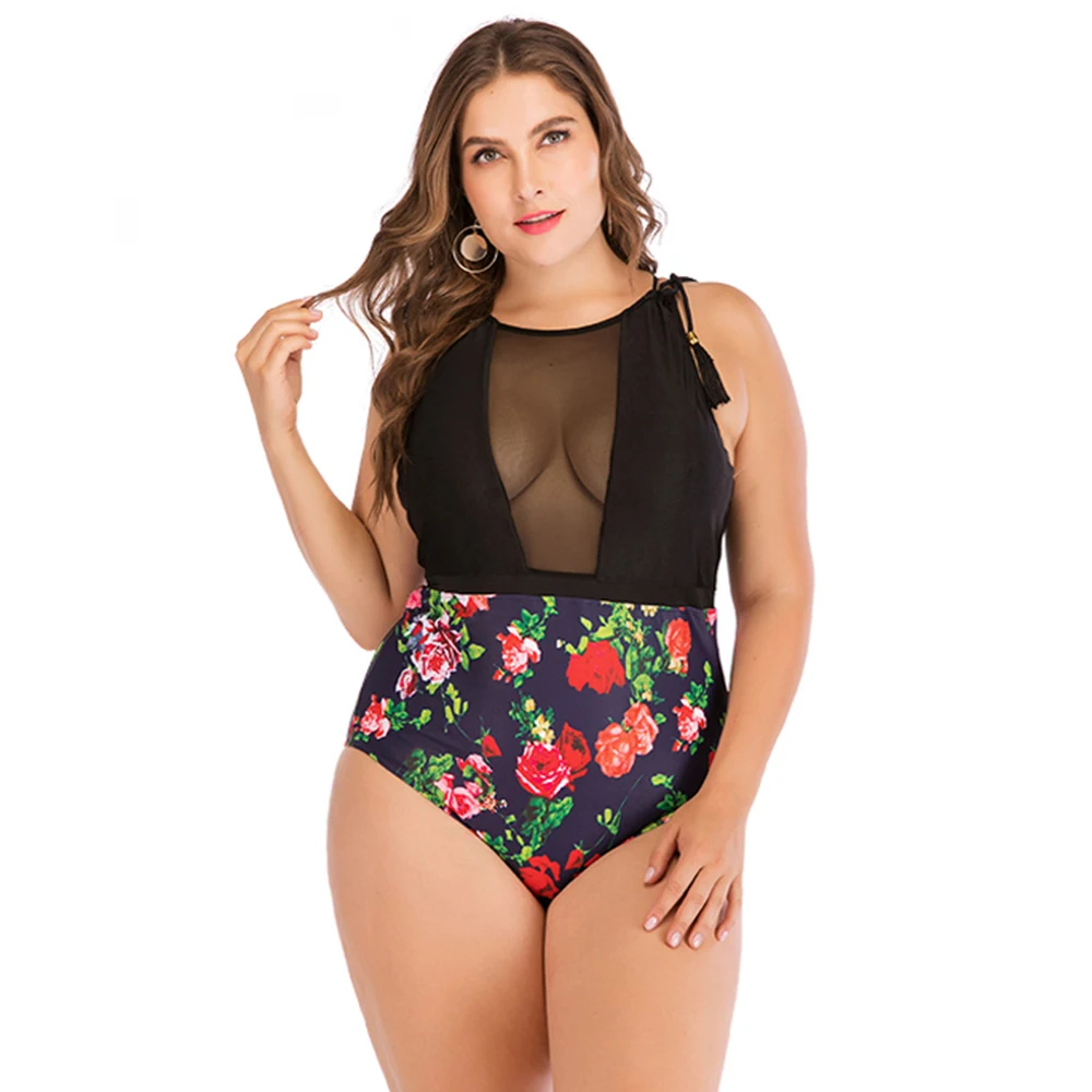 

Women Swimwear One Piece Swimsuit 2020 Sexy Mesh Swim Wear Floral Print Bathing Suit Women Black Beach Wear Plus Size 5XL Q30