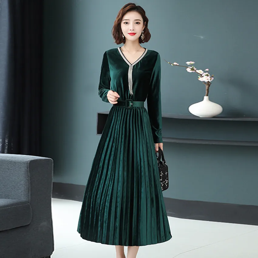 Comprar 3XL mujeres Verde Negro terciopelo vestido de invierno Vestido de manga larga Vintage plisado Vestidos de talla grande mujeres ropa Vestidos Robe Mujer