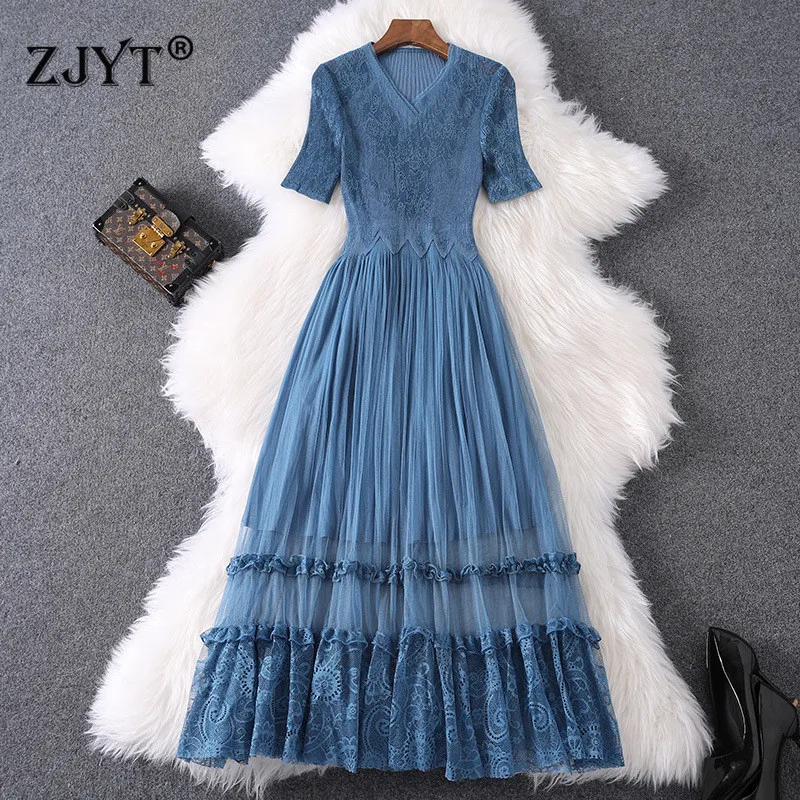 

Women Spring Summer Dress 2020 New Fashion Designer Short Sleeves Lace Patchwork Ruffle Mid Calf Sexy Casual Party Dresses