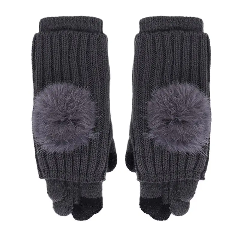 Женские 2в1 зимние теплые вязаные перчатки без пальцев с помпоном 517D - Цвет: C
