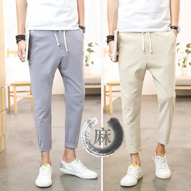 

2018 Flax Men's Trousers Summer Thin Section Large Size Loose Straight Cotton Pants Elastic Waist MEN'S Casual Trousers