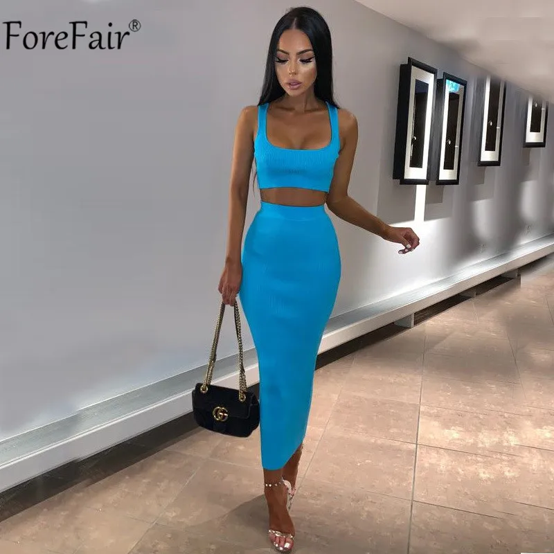 ForeFair, комплект из двух предметов, женское летнее вечернее платье на бретелях, неоновое, без рукавов, миди, сексуальное Клубное облегающее платье