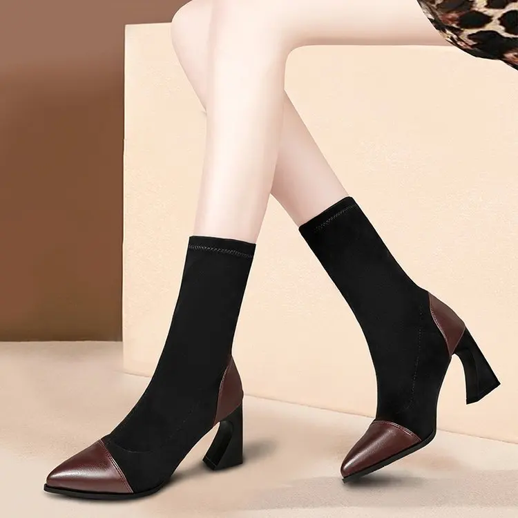 winter wild pointed British wind boots ladies thick with bare boots color matching high heel boots women pu boots