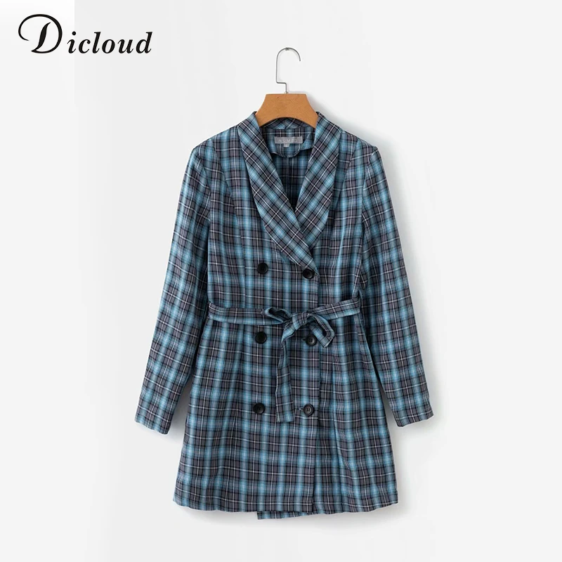 DICLOUD Casual Blue Plaid Blazer Dress Women Long Sleeve Autumn Winter Office Lady Outfit With Belt Sexy Streetwear Female