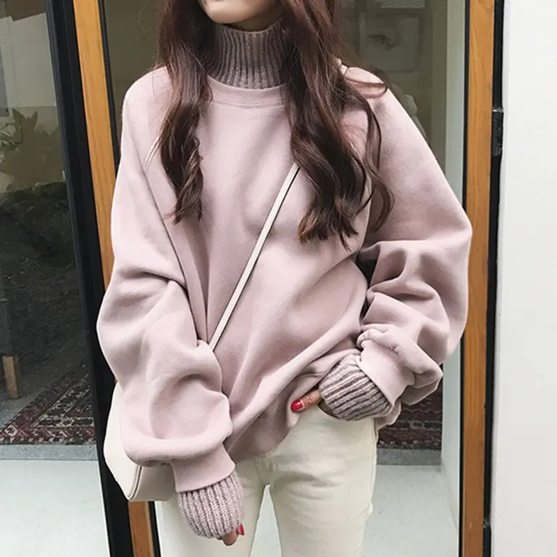  Pink Turtleneck Sweatshirt Women Oversized Fake Two Piece Tops 2019 Winter Female Harajuku Velvet W