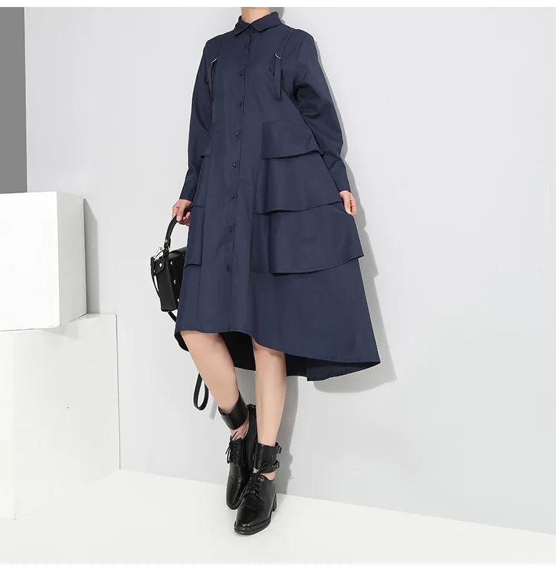 [EAM] Новинка, осенне-зимнее черное свободное платье с отворотом и длинным рукавом и оборками, женское модное платье JI268