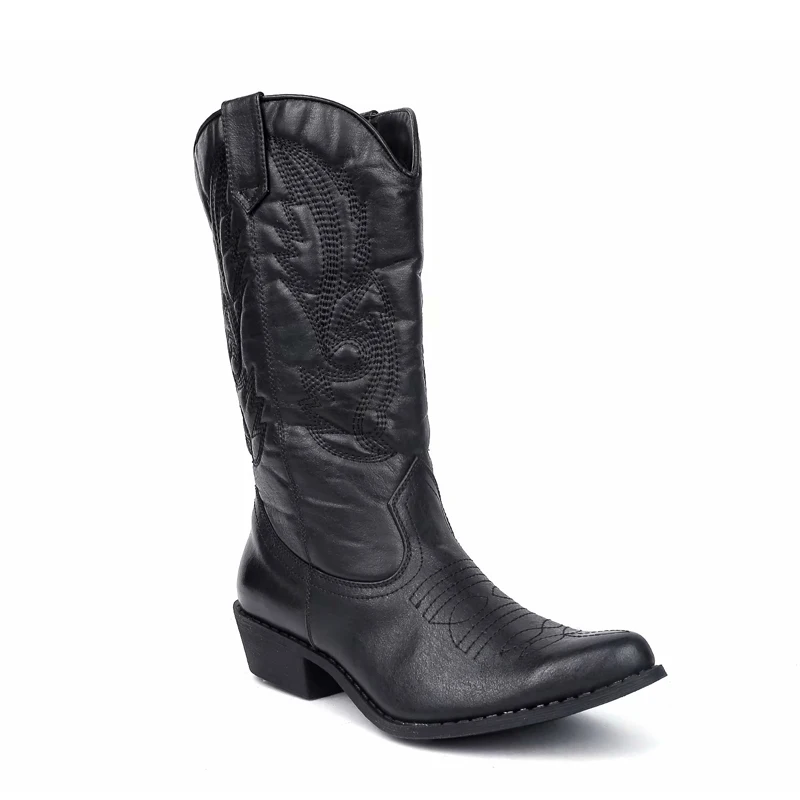 Maxmuxun Knee High Western Cowboy Boots National Retro Style in The Tube Pointed Square Root Totem Sewing Thread Women's Shoes - Цвет: Black