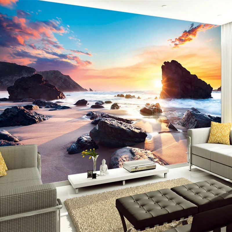 

Drop Shipping Custom Mural Wallpaper Sunset Sea View Sunny Beach Stone 3D Photo Background Wall Papers Home Decor Wall Painting