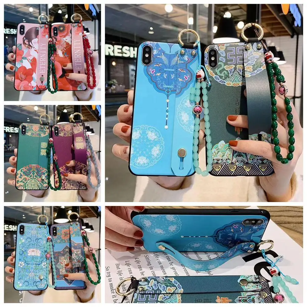 

Relief Chinese Palace Style Case For Samsung S20 Note 10 Plus A70 A50 S10 S9Wristband Stand Bead Bracelet Soft Phone Case Cover