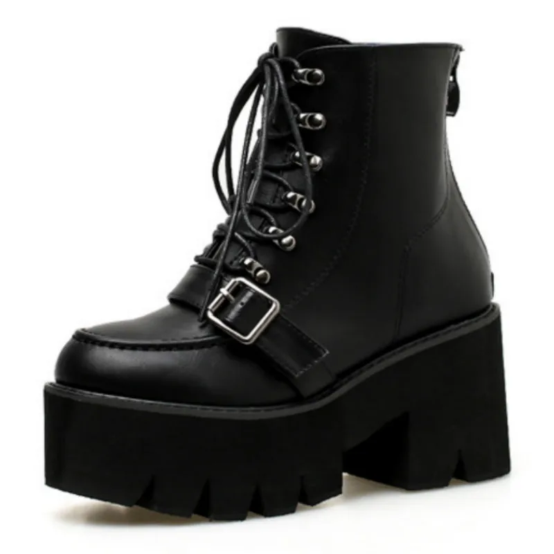 Женские ботинки на толстой платформе черные кожаные martin высоком каблуке с