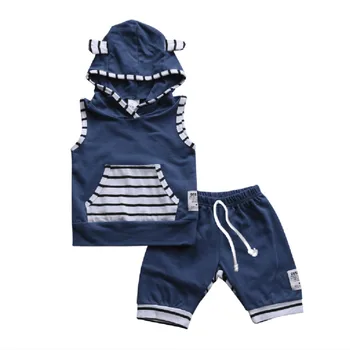 

0-3Years Sleeveless Hooded Striped Vest Top + Shorts 2pcs Set for Toddler Infant Baby Boys Summer Clothes Casual Outfits