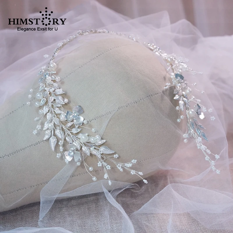 

HIMSTORY Angel Handmade Silve Leaf Pearls Headband Bridal Headwear Hair Accessories Rhinestone Hair Jewelry