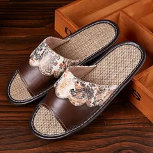 Новинка; мужские тапочки; Летние льняные домашние тапочки; нескользящая домашняя обувь для мужчин; кожаная домашняя обувь; большие размеры; мужские тапочки для пар