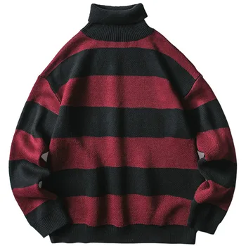 

2019 Mens Striped Sweater Pullover Hip Hop Streetwear Retro Turtleneck Sweater Harajuku Knitted Sweaters Black Red Autumn Winter