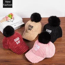 Для женщин девочек вельветовый детских Бейсбол шапки в полоску из искусственного меха Pom pom Зимняя теплая Snapback Шапки из сплошной мягкой колпаки Casquette Gorras