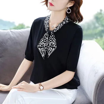 

Women sweater New 2020 Summer Short sleeve Knitted shirt Elegant slim Bow solid color women pullover
