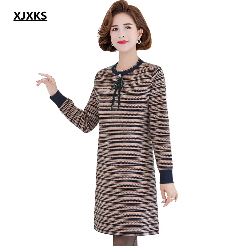 

XJXKS Loose plus size wool knitted sweater women long pullover 2022 autumn and winter new women striped dress