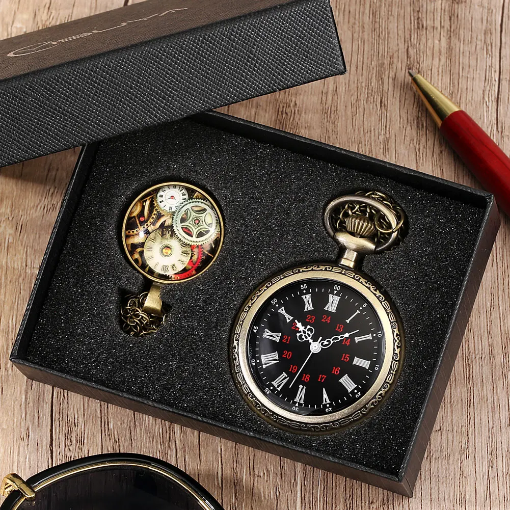 Pocket Watch Set Men's Quartz Watch Roman Numeral Dial Women's Pendant Clock Alloy Necklace with Accessories Gifts Box for Man