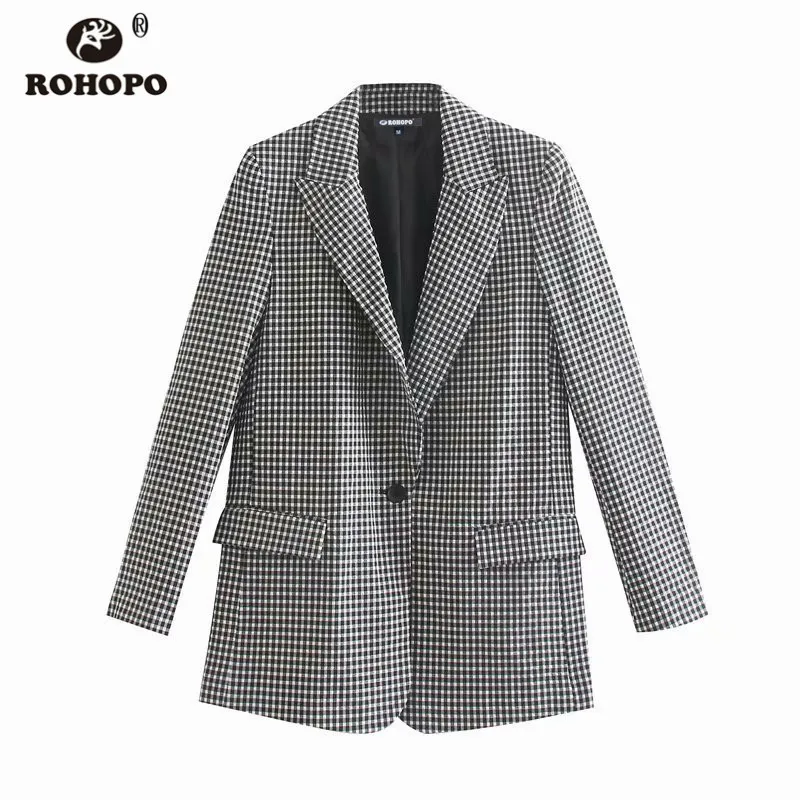 ROHOPO One Buttons White & Black Tiny Plaid Slim British Blazer Autumn Grey Slim Dress Veste # 1435