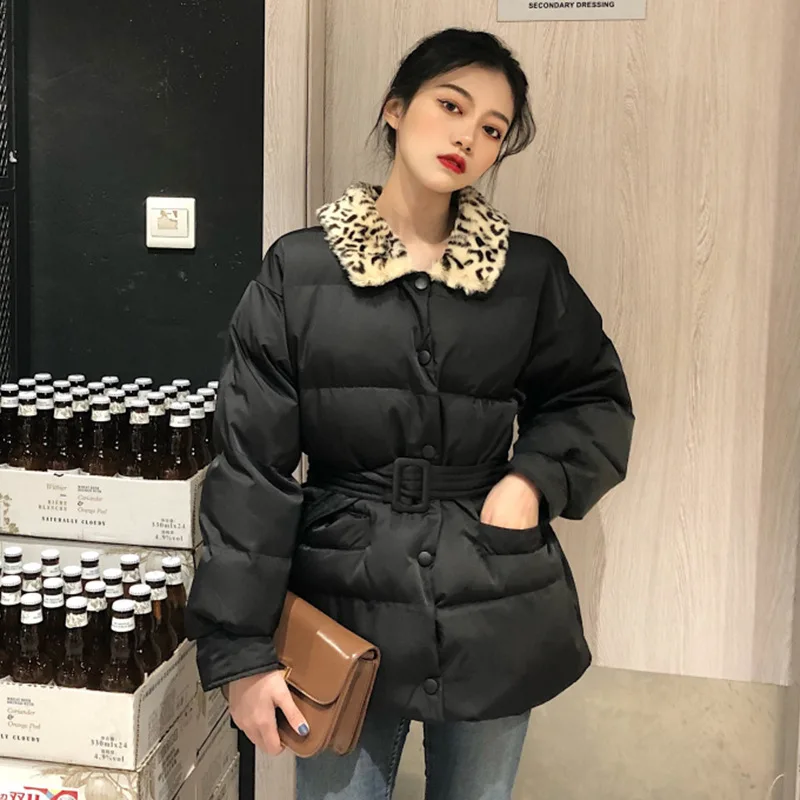 

Hong Kong Flavor Leopord Pattern Joint Polo Collar Cotton Overcoat Female Winter New Style Single Breasted Lace-up Waist Hugging