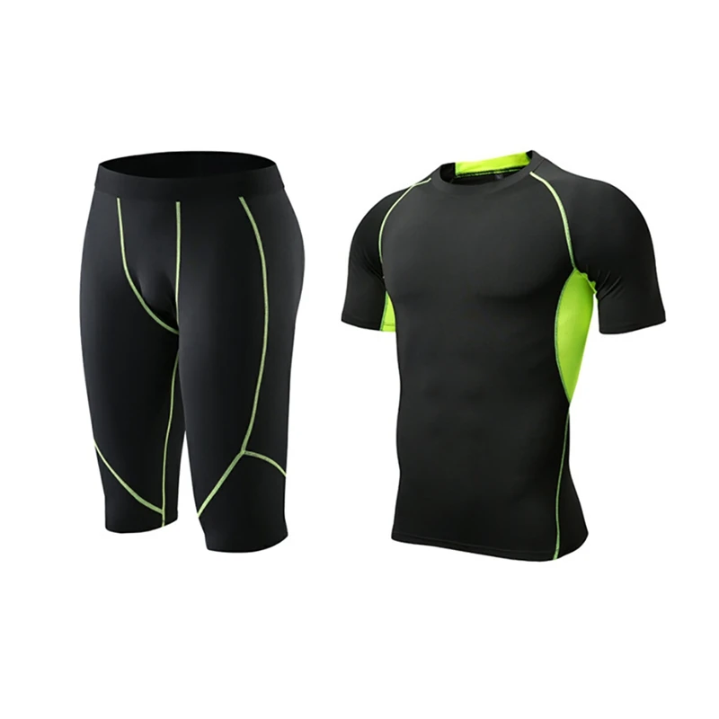 

Men's Fashion Sportswear Elastic Fitness T-shirt Fast Drying Tops Short Pants Sports Tight Calf-length Trousers Shorts Set