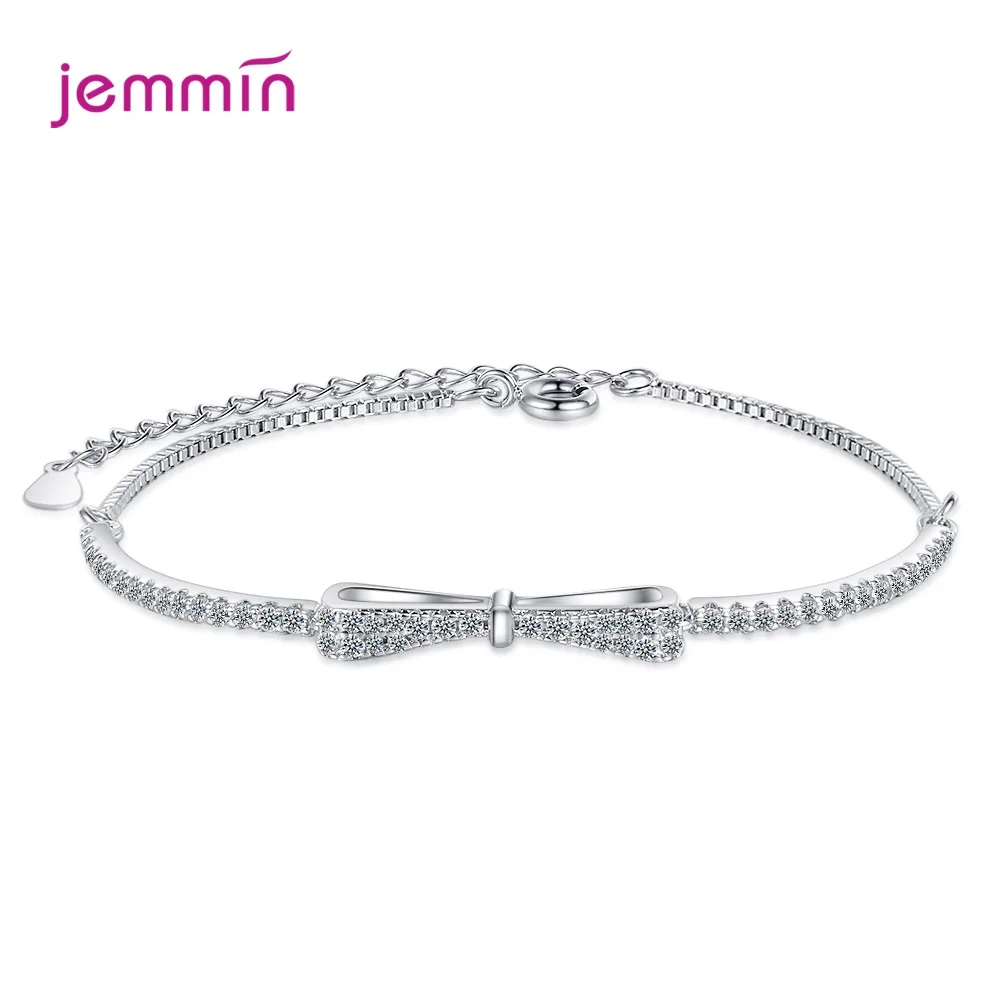 

Fashion Cubic Zirconia 925 Sterling Silver Bowknot Slim Bracelets Simple Friendship Adjustable Bangle For Women Wedding Jewelry