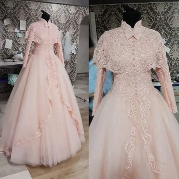 

abendkleider Elegant Muslim pink Long Sleeves High Neck Bridal Gown lace Appliques vestido de noiva mother of the bride dresses