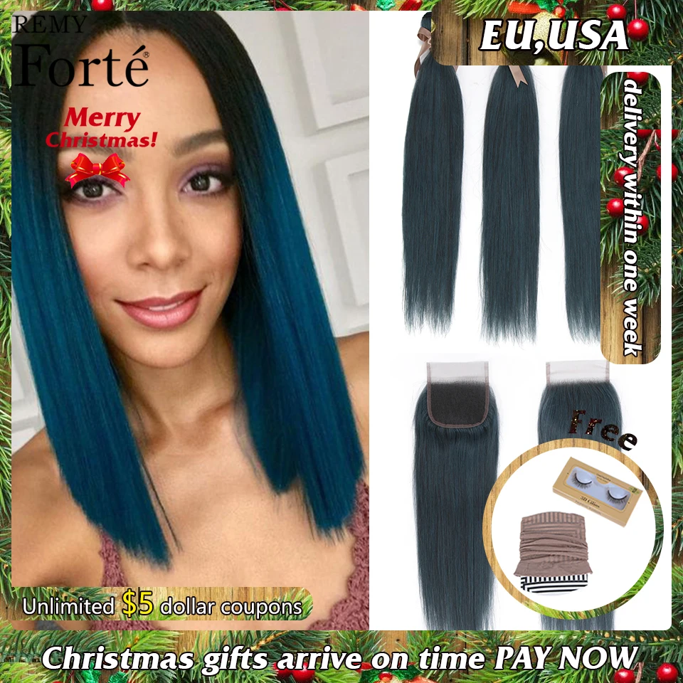 Прямые пряди Remy Forte с закрытием, 26 дюймов,, бразильские волосы Remy, плетение в комплекте, синие цветные 3/4 пряди с закрытием